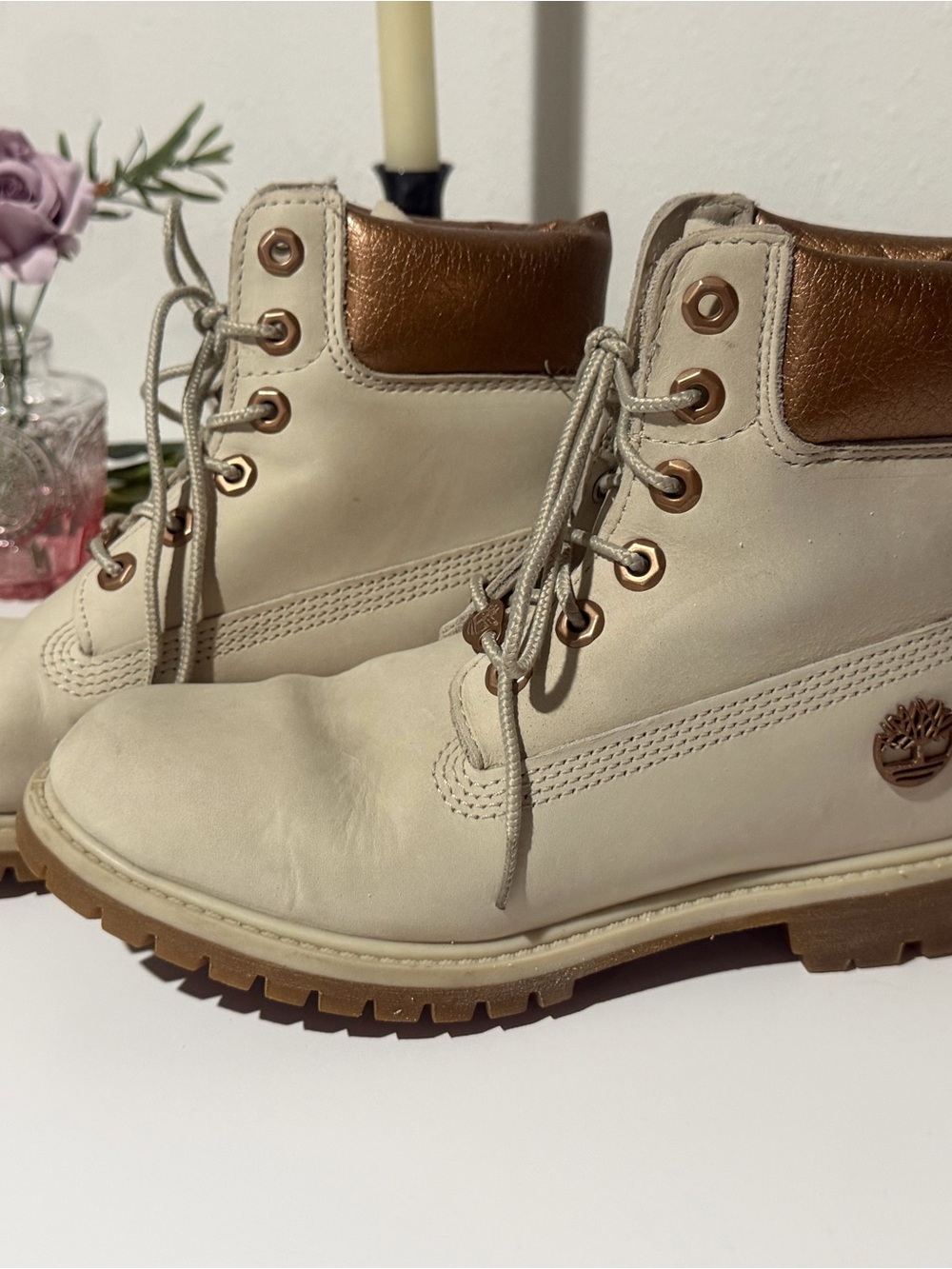 Timberland Women's Cream Lace-Up Boots with Rose Gold Accents - Picture 3 of 15